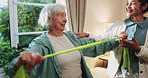 Resistance band, checkup and physiotherapist with senior woman in clinic with arm exercise for recovery. Consultation, equipment and medical worker with elderly person for rehabilitation in office.