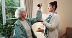 Weight, checkup and physiotherapist with senior woman in clinic with arm exercise for recovery. Physical therapy, dumbbell and medical worker with elderly person for rehabilitation at consultation.