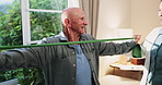 Resistance band, checkup and physiotherapist with senior man in clinic with arm exercise for recovery. Consultation, equipment and medical worker with elderly person for rehabilitation in office.