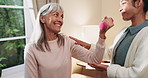 Dumbbell, checkup and physiotherapist with senior woman in clinic with arm exercise for recovery. Physical therapy, weight and medical worker with elderly person for rehabilitation at consultation.