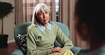 Review, counseling and psychologist with senior woman in office for coping mechanisms on trauma. Talking, help and therapist with elderly person for mental health evaluation for support in clinic.