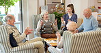Caregiver, people and retirement in home with boardgame, strategy or counting for memory game. Smile, nurse or senior community in homecare with activity, cognitive stimulation and social interaction