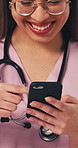Happy, woman and nurse scrolling on phone for good news, medical research or telehealth on mobile app. Wow, glasses and healthcare worker on cellphone for email, update or feedback on patient report.