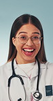 Thinking, woman and face of doctor in studio with problem solving, decision or planning for medical career. Glasses, gloves and healthcare worker on blue background with solution, ideas or choice.