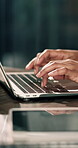 Business, hands and typing on laptop in office for news article, publication draft and editing. Copywriter, person and tech at publishing agency for story research, creative blog post and submission