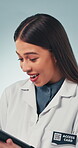 Healthcare, surprise and tablet with woman in studio for reaction to diagnosis or report. App, review and wow with excited doctor on gray background for feedback, medical research or wellness