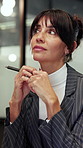 Business, woman and thinking with idea in office for problem solving, solution or strategy. Thoughtful, female person or employee contemplating decision for company option or choice in workplace