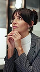 Business, woman or thinking with decision in office for problem solving, solution or strategy. Thoughtful, female person or employee contemplating idea for company deal, option or choice in workplace