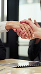Meeting, applause and business people with handshake in office for partnership, deal or agreement. Group, employees or colleagues shaking hands with team clapping for job onboarding or b2b together