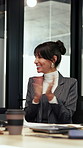 Team, applause and happy woman with documents in business, lawyers and celebration for legal success. Attorney, collaboration and mature person with paperwork, clapping and achievement in law firm