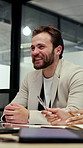 Businessman, laugh and meeting with team in office, wealth manager and happy for funding opportunity. Business, discussion and people with paperwork for investment, smile or collaboration for project