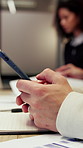 Person, typing or hands with phone in office for business schedule, communication or network. Employee, texting or social media with mobile smartphone app for online chatting or research in workplace