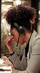 Stress, tired and woman in call center with computer, deadline pressure and burnout at night. Headset, fatigue and frustrated consultant in company with difficult customer, mistake and coworking