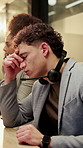 Stress, tired and man in call center with burnout, deadline pressure and headache at night. Headset, fatigue and overworked consultant in company with difficult customer, mistake and coworking