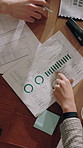 People, hands and analytics with documents in meeting for performance review or analysis above. Top view, group or employees with paperwork, graph or chart for company profit or revenue in workplace