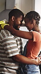 Housework, hug or couple in house with dance, tender moment or bonding with spring cleaning. Love, rhythm or black people with forehead touch, connection or domestic chores in happy relationship.