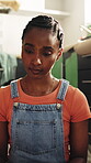 Renovation, laptop and thinking with black woman in kitchen for paint option, inspiration and research. Interior design decision, reflection and home improvement with person in apartment for planning