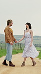 Holiday, smile and couple in countryside with dance, bonding and happy moment on outdoor trip. Break, laugh and people on farm with playful spin, romantic relationship and fun connection on getaway.