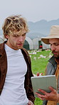 Agriculture, men and conversation with tablet on chicken farm for flock health, monitor growth or inspection. Poultry industry, farmer or agro team with app for egg production or livestock update