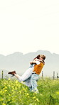 Holiday, hug and couple in field with fun, bonding together and happy moment on outdoor trip. Embrace, space and people with spin, romantic relationship and playful connection on countryside getaway.
