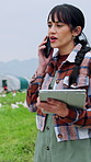 Tablet, phone call and woman on poultry farm with communication, feedback or order confirmation. Cellphone, technology and farmer on mobile discussion for chicken livestock on ranch in countryside.