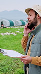 Clipboard, phone call and man on poultry farm with contact, feedback or order confirmation. Cellphone, checklist and farmer on mobile discussion for chicken livestock on ranch in countryside.