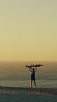 Cycling, success and fitness with man in nature for workout goal, training achievement or journey. Celebration, bicycle athlete and mockup space with person and bike outdoor for ocean view and travel