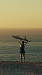Cycling, achievement and fitness with man in nature for workout goal, training success or journey. Celebration, bicycle athlete and mockup space with person and bike outdoor for ocean view and travel