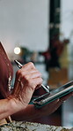 Small business, entrepreneur and hands with tablet, scroll and performance review on web or research. Startup, budget and mature person with technology for financial report or browsing with stylus