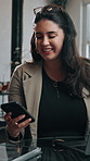 Customer, payment and happy woman with phone in salon for haircare, checkout or service. Female person, client or smile with smartphone for mobile transaction, EFT or banking app in beauty parlor