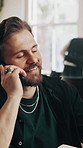 Phone call, small business and smile with man in barbershop for booking, hello or management. Answer, conversation and schedule with happy person at hairdresser for appointment or communication