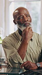 Tablet, thinking and black man in office with idea, accounting insight and budget planning. Vision, business and mature person problem solving for company audit, bookkeeping or thoughts with tech