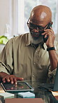 Tablet, phone call and black man in office for conversation, tax review feedback and laughing. Tech, mature person and communication with contact for accounting update, finance report or funny joke