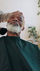 Hairdresser, man and powder brush in salon with hairstyle, cosmetic tools and hygiene for grooming. People, barber and clean mature customer in shop with hair care equipment, beauty and maintenance.