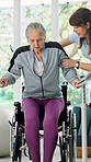 Physio, tired and old woman at rail with wheelchair, retirement health and rehabilitation in clinic. Physiotherapist, help and senior person with disability for recovery, exhausted or bar in consult
