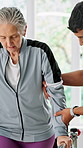 Physio, wheelchair and old woman with balance exercise, help and bar support for walking in clinic. Physical therapy, healthcare worker and senior person with disability, mobility workout or wellness