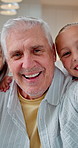 Selfie, face and grandparents with child in home for bonding, memory and happy for weekend visit. Family, portrait and girl with grandpa, grandma and pov for social media, picture and smile for photo