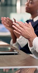 Hands, business and people in meeting with applause, good news and achievement of workshop. Team, clapping and presentation in office for well done, training success and celebration for company goals