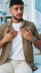 Man, patient or chest pain with doctor for symptoms, medical treatment or consulting in hospital. Sick, male person or explaining illness with healthcare worker for health, cure or wellness in clinic