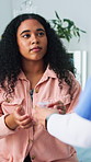 Woman, patient and medication with nurse for symptoms, medical treatment or prescription in hospital. Sick, female person or diagnosis with tablets or pills for health, cure or wellness in clinic