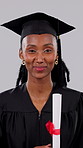 Excited, graduate and face of black woman in studio for college diploma, degree or certificate. Student, happy and academic results with success, celebration or shout yes on white background