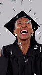 Confetti, graduate and face of excited woman in studio for college diploma, degree or certificate. Black person, happy and academic results with success, celebration or glitter on white background