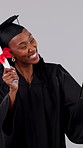 Video call, graduate and black woman excited in studio for college diploma, degree or certificate. Student, happy and academic results with success, talking or technology on white background