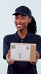 Box, face and woman in studio for delivery, courier service and supply chain on white background. Happy, portrait and African person with package for distribution, shipping and giving parcel for mail