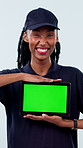 Green screen, tablet and woman in studio for delivery, courier website and advertising for ecommerce. Happy, portrait and African person on tech for news, shipping order and ui on white background