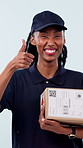 Box, delivery and woman in studio with thumbs up, courier service and approval on white background. Happy, portrait and African person with package for distribution, shipping and agreement with emoji