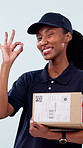 Box, delivery and woman in studio with okay sign, wink or approval for shipping on white background. Happy, portrait and African person with parcel for courier service, ecommerce and laugh with emoji