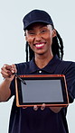 Signature, tablet screen and woman in studio for delivery, courier service and receipt for ecommerce. Happy, portrait and African person on tech for shipping, order and invoice on white background