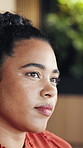Thinking, woman and inspiration in office for planning, story ideas and editor feedback. Business, female journalist and reflection for news insight, online magazine and solution for publication