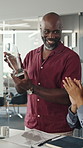 Celebration, applause and business man with handshake for success, goal achievement and congratulations. Smile, clapping hands and audience cheers in office for milestone, praise or award at seminar